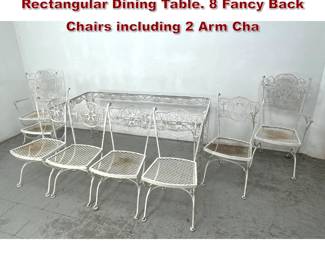 Lot 1550 9pc Iron Outdoor Dining Set. Large Rectangular Dining Table. 8 Fancy Back Chairs including 2 Arm Cha