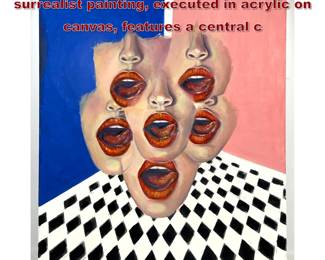 Lot 1435 Cat Logan 2021 Contemporary surrealist painting, executed in acrylic on canvas, features a central c