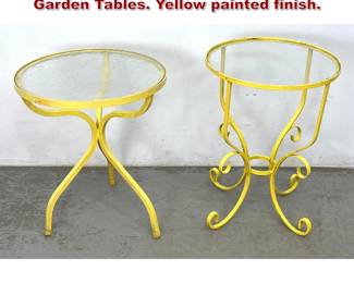 Lot 1555 2pcs Vintage Iron and Glass Garden Tables. Yellow painted finish. 
