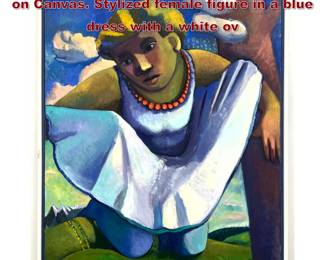 Lot 1433 Rosenbladt 86 Large Scale Painting on Canvas. Stylized female figure in a blue dress with a white ov