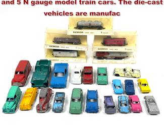 Lot 1606 20 vintage diecast metal vehicles and 5 N gauge model train cars. The diecast vehicles are manufac
