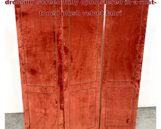 Lot 1374 3 Panel folding room divider or dressing screen fully upholstered in a rusttoned plush velvet fabri
