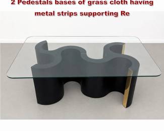 Lot 1262 Vintage Post Modern Coffee Table. 2 Pedestals bases of grass cloth having metal strips supporting Re