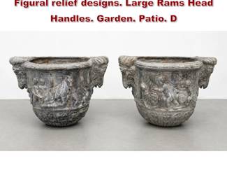 Lot 1558 Pr Neo Classical Outdoor Planters. Figural relief designs. Large Rams Head Handles. Garden. Patio. D
