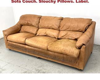 Lot 1394 Caramel Leather LEATHERCRAFT Sofa Couch. Slouchy Pillows. Label. 
