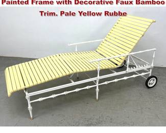 Lot 1526 Iron Chaise Lounge Recliner. White Painted Frame with Decorative Faux Bamboo Trim. Pale Yellow Rubbe