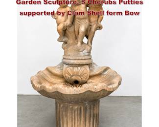 Lot 1559 HENRI STUDIO 3 Piece Cast Stone Garden Sculpture. 3 Cherubs Putties supported by Clam Shell form Bow