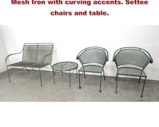 Lot 1542 Outdoor Iron Garden Patio Set. Mesh Iron with curving accents. Settee chairs and table. 