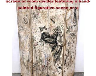 Lot 1373 Large fourpanel folding floor screen or room divider featuring a handpainted figurative scene on a