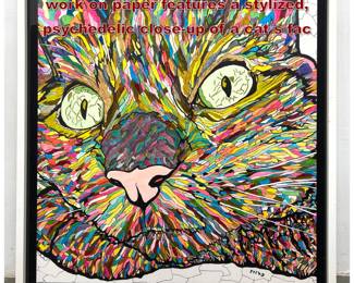 Lot 1442 Ricky largescale mixed media work on paper features a stylized, psychedelic closeup of a cat s fac