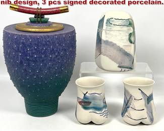 Lot 1479 4pc Pottery Lot. Lidded vessel with nib design, 3 pcs signed decorated porcelain. 