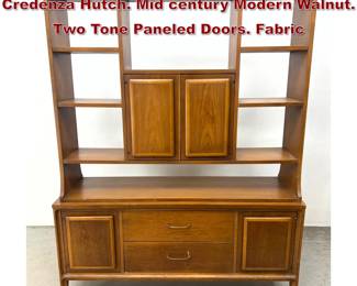 Lot 1360 BROYHILL PREMIERE Two part Credenza Hutch. Mid century Modern Walnut. Two Tone Paneled Doors. Fabric