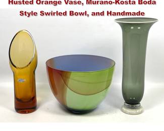 Lot 1507 3pcs Art Glass. Blenko Wayne Husted Orange Vase, MuranoKosta Boda Style Swirled Bowl, and Handmade 