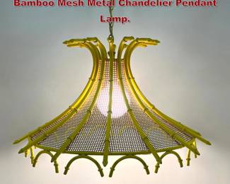 Lot 1300 Mid Century Modern Yellow Faux Bamboo Mesh Metal Chandelier Pendant Lamp. 
