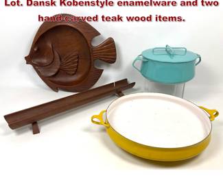 Lot 1476 Mid Century Modern Table Wares Lot. Dansk Kobenstyle enamelware and two handcarved teak wood items.