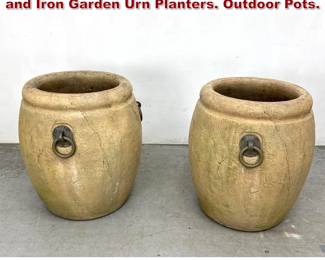 Lot 1543 Pair 27 Large Heavy Cast Stone and Iron Garden Urn Planters. Outdoor Pots. 