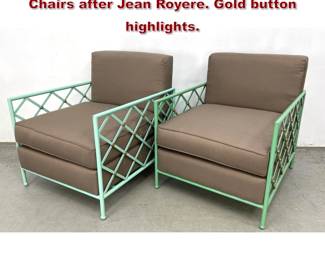 Lot 1421 Heavy Iron Eiffel Tower Lounge Chairs after Jean Royere. Gold button highlights. 