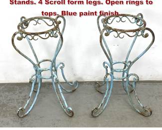 Lot 1549 Pr Decorative Iron Outdoor Plant Stands. 4 Scroll form legs. Open rings to tops. Blue paint finish. 