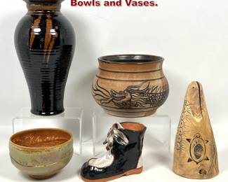 Lot 1478 5pcs Studio Pottery. Most signed. Bowls and Vases.