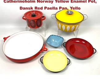 Lot 1505 Mid Century Modern Cookware Lot. Catherineholm Norway Yellow Enamel Pot, Dansk Red Paella Pan, Yello