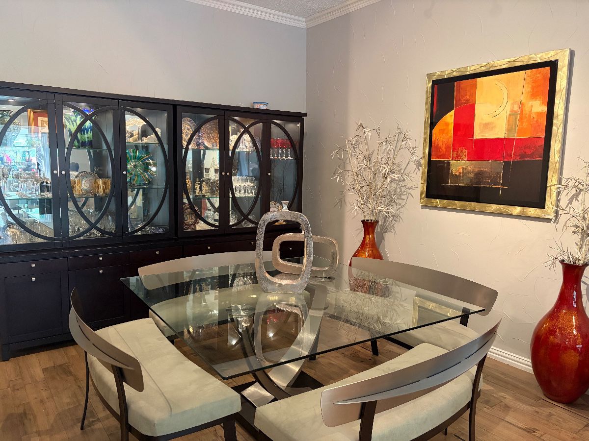 Elite Regal Glass Top Modern Dining Table with Four Benches for seating of eight plus