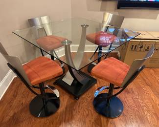 Tangent Dining Table & Regal Swivel Barstools