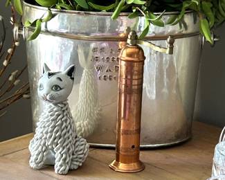1950's MCM Porcelain cat from Italy, Hardy Copper Pepper grinder, Restoration Hardware Silver bucket.