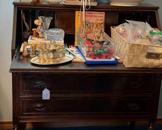 Vintage writing desk, child silver plate tea and coffee set, toys, books