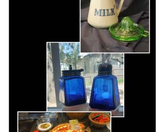 Kitchen Collectables / Prarie Farms Real Milk Pitcher / Cobalt Blue Salt and Pepper / Fondue Set / Green Glass Juicer