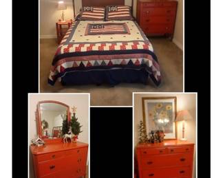 Red Metal Bed / Red Metal Dresser / Red Chest of Drawers / Patriotic Bed Quilt