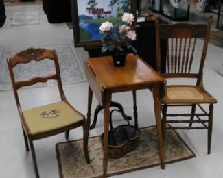 Amish made drop leaf table, Oak side chair with cane seat, Rose back side chair