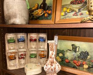 2 sets of Vintage Hazel Atlas "Old Timers" drinking glasses,  stoneware moonshine jug, marbled small bud vase, framed art prints