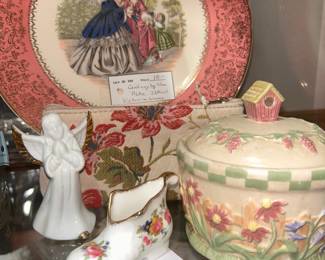 Victorian scene plate, ceramic angel, Cottage Rose decorative boot