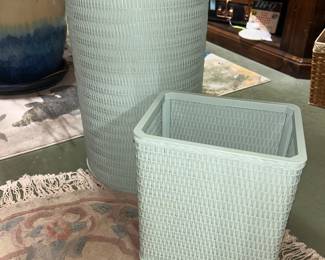 Matching vintage light wicker blue hamper and trash can