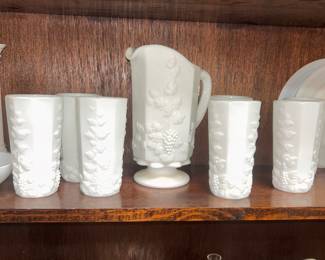 Westmoreland "Paneled Grape" water set - Milk glass pitcher and glasses