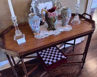 Ethan Allen Butlers Table, Tiffany's & Co fine crystal candlesticks, 1900s Majolica pitcher