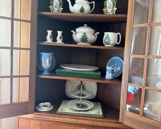Primitive corner cupboard with Christmas china and Wedgwood