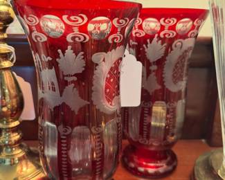 Pair Bohemian ruby cut to clear vases