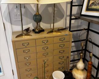 MCM lamps,  vintage parts cabinet. Shelving not for sale