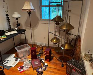 Antique/Vintage hanging dome lamps, Harry Potter and Disney vintage Christmas ornaments, black folding table and rack not for sale.