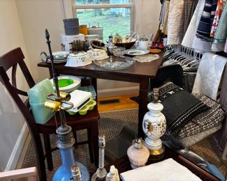 Square table ,various lamps, chairs, kitchen ware and pewter, bed linens, tons of fabric.