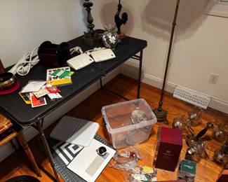 Singing bowl, sewing accessories, vintage wood and brass chandelier, radio shack intercom, antique lamps.