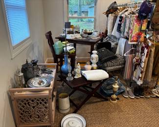 Bar cart, shoes, Ethan Allen side/convertable table, 1776 memorabilia 