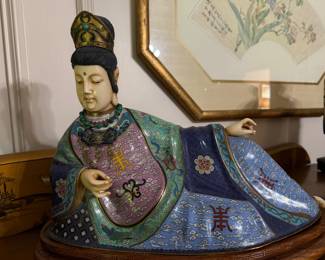 Antique Chinese Cloisonne Reclining Guanyin Figure