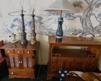 Two Cherub lamps. Two wood buffets. Asian themed lamp that needs rewiring. 1950's Roy Rogers light fixture, missing glass dome.