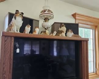 Dog figurines, TV, lamp, (items sold separately).
