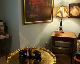 wonderful vintage brass and teak table and original oil painting