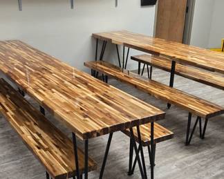 THERE ARE TWO TABLES LEFT WHICH CAN BE SEPARATE OR PUT TOGETHER (SEE NEXT PHOTO). THERE IS ONLY ONE SET OF BENCHES LEFT.