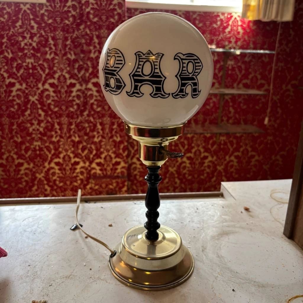 Lot #1 Vintage BAR Globe Table Lamp Milk Glass Shade Brass Base Black Turned Stem