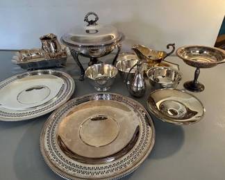 Lot #58 Silver Plate Serveware Lot Chafing Dish Trays Bowls Gravy Boat Compote 15pc